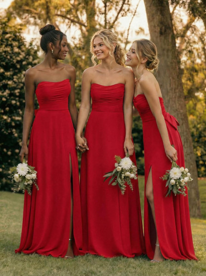 A-Line Off-The-Shoulder Sleeveless Floor-Length Chiffon Bridesmaid Dresses With Split Front Bow