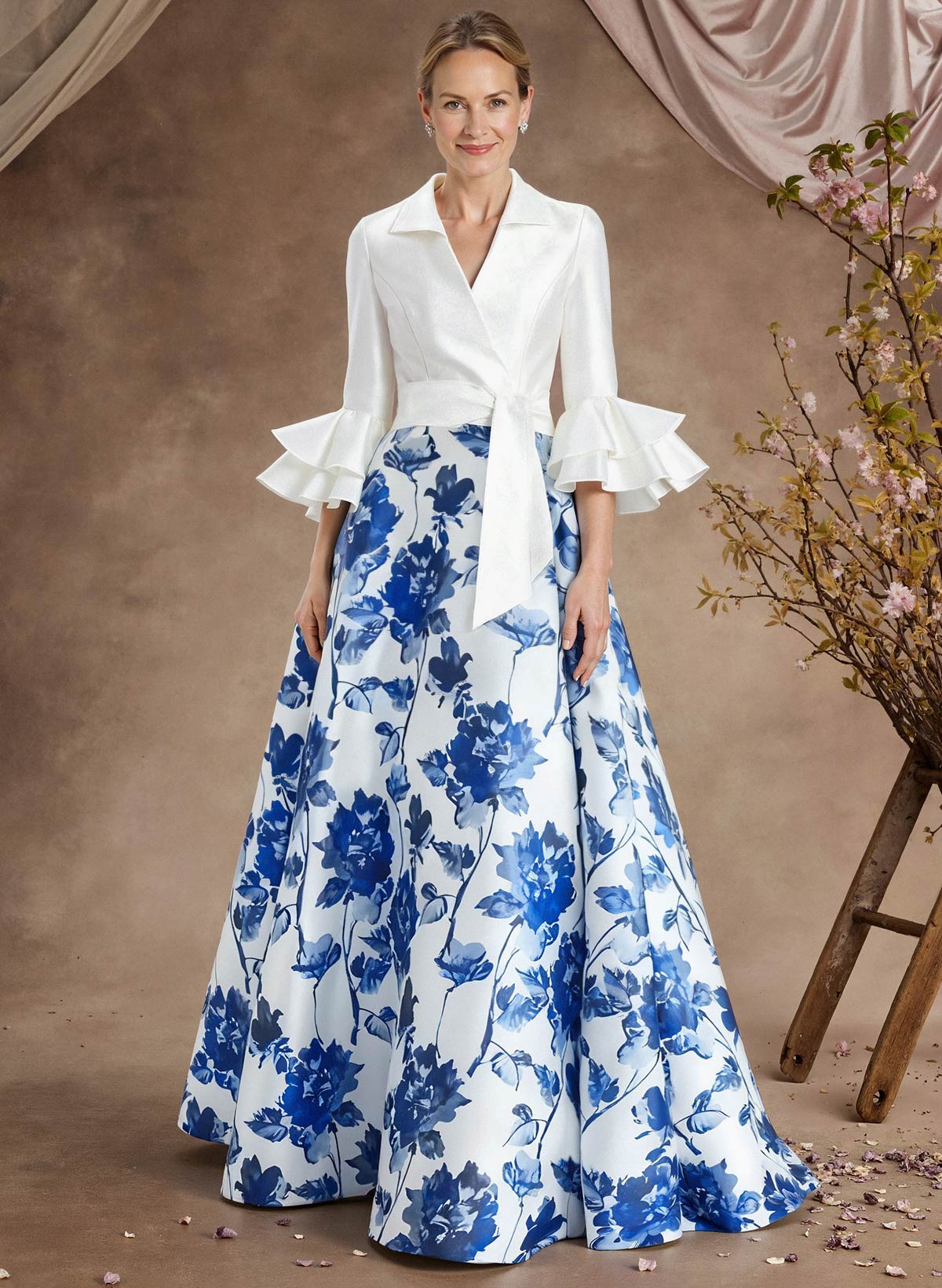 A-Line V-Neck 3/4 Sleeves Floor-Length Taffeta Mother Of The Bride Dresses
