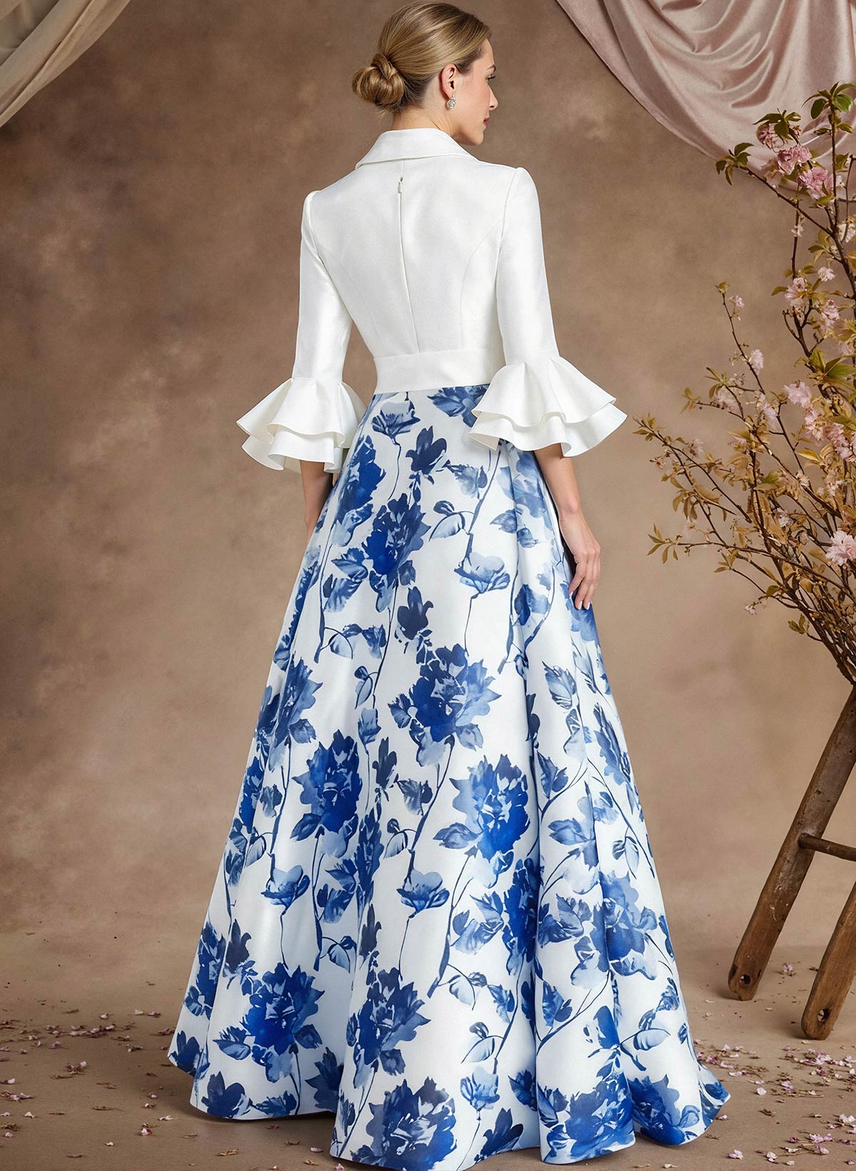 A-Line V-Neck 3/4 Sleeves Floor-Length Taffeta Mother Of The Bride Dresses