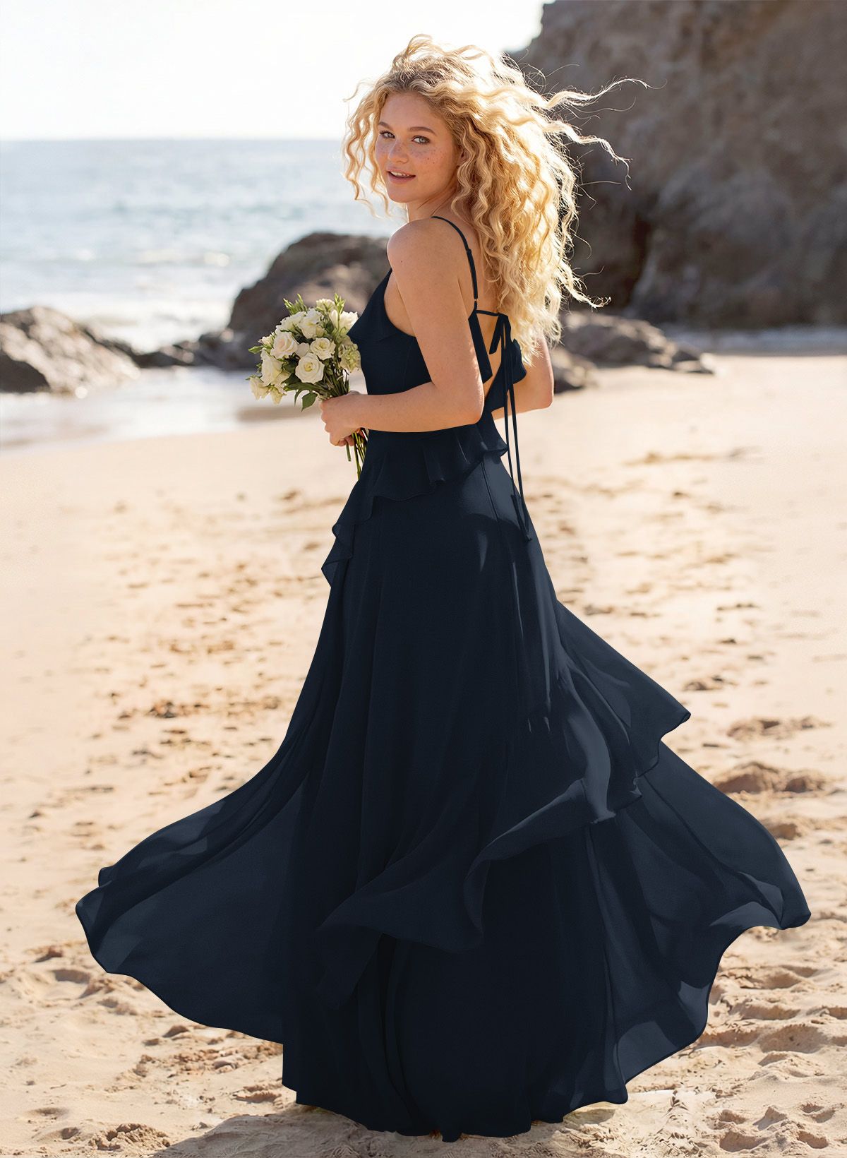 Unique V-Neck Spaghetti Straps Ruffle Floor-Length Chiffon Bridesmaid Dresses