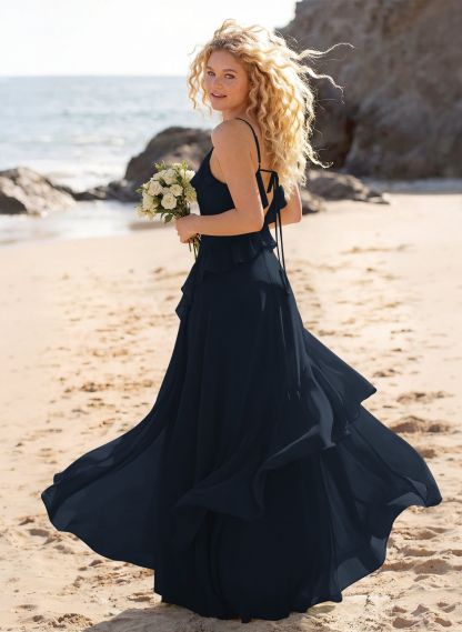 Unique V-Neck Spaghetti Straps Ruffle Floor-Length Chiffon Bridesmaid Dresses