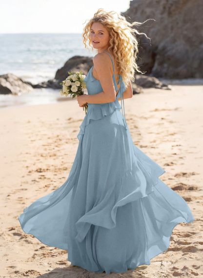 Unique V-Neck Spaghetti Straps Ruffle Floor-Length Chiffon Bridesmaid Dresses
