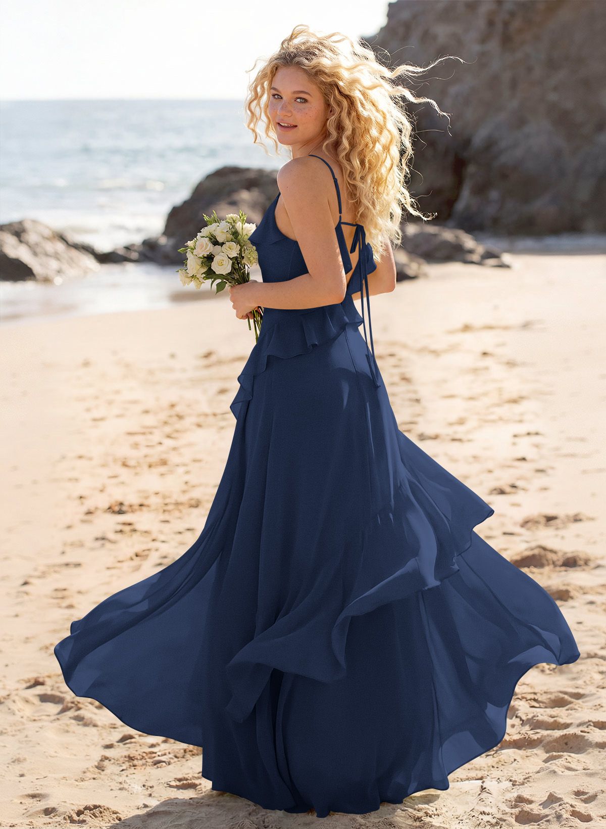 Unique V-Neck Spaghetti Straps Ruffle Floor-Length Chiffon Bridesmaid Dresses