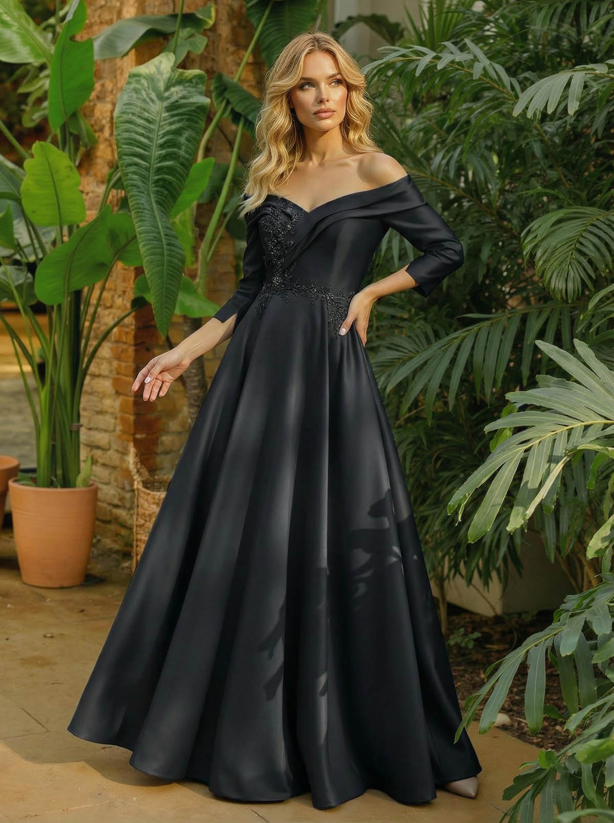 A-Line Off-The-Shoulder 3/4 Sleeves Floor-Length Satin Mother Of The Bride Dresses