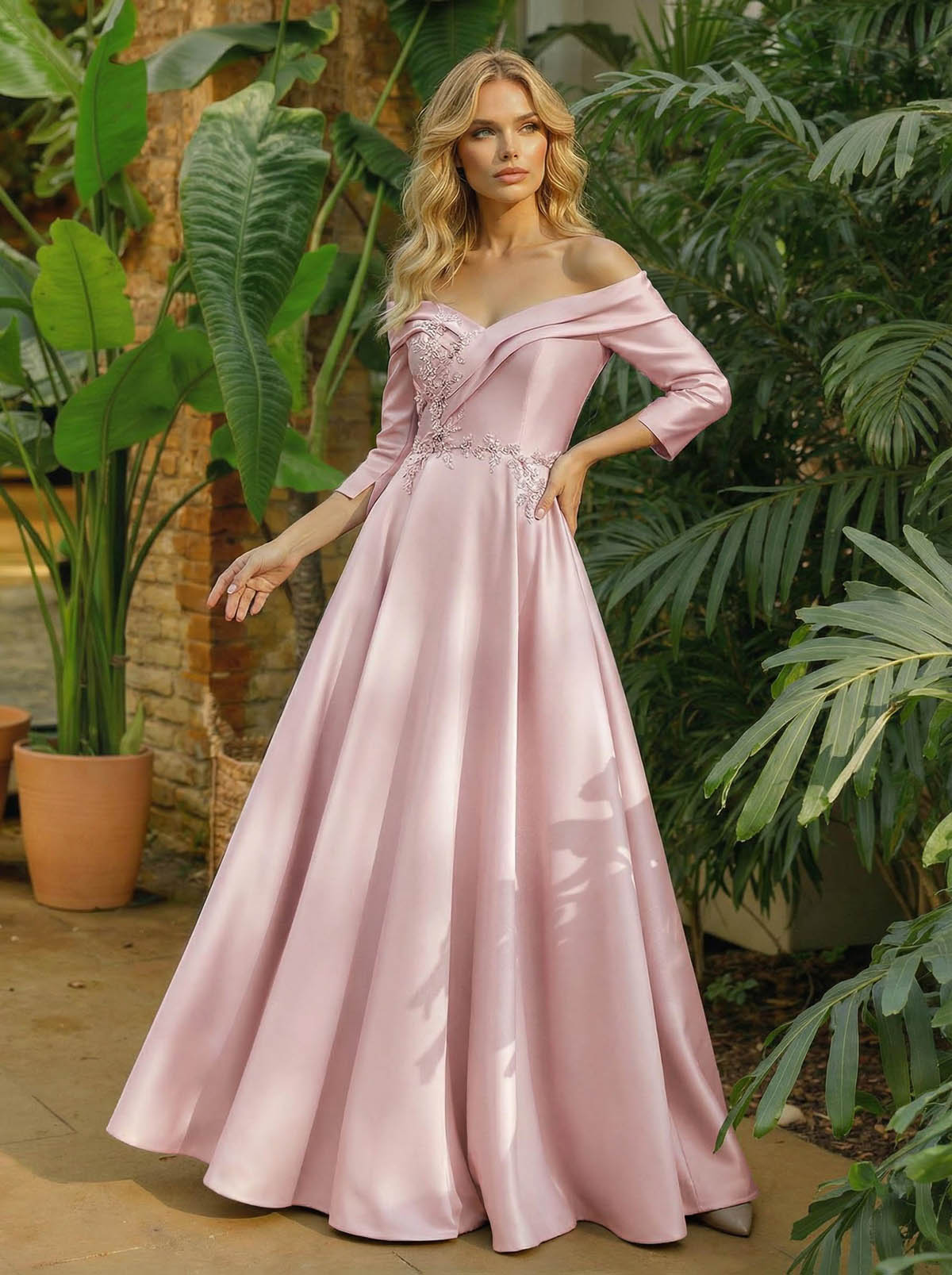 A-Line Off-The-Shoulder 3/4 Sleeves Floor-Length Satin Mother Of The Bride Dresses