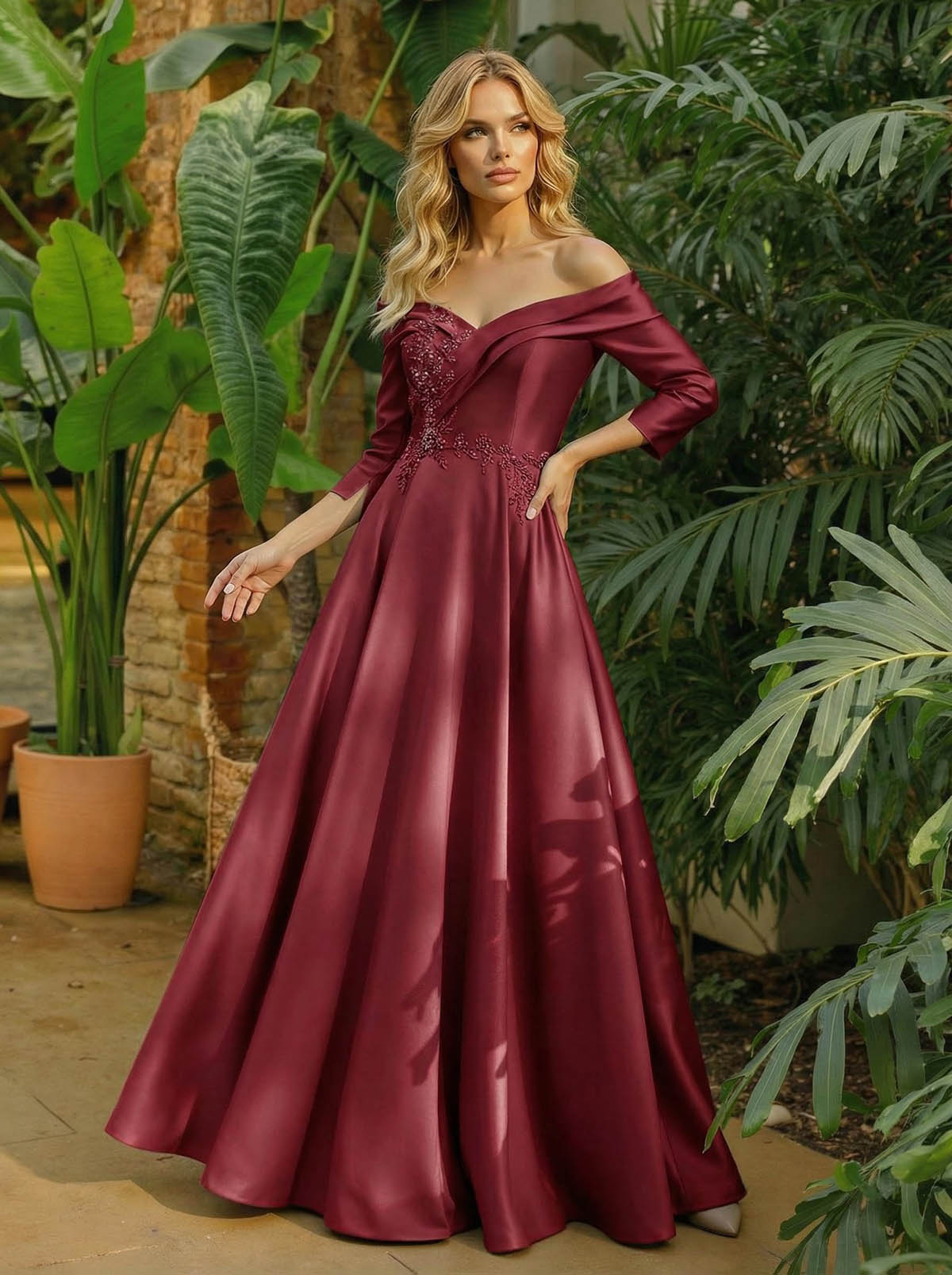 A-Line Off-The-Shoulder 3/4 Sleeves Floor-Length Satin Mother Of The Bride Dresses