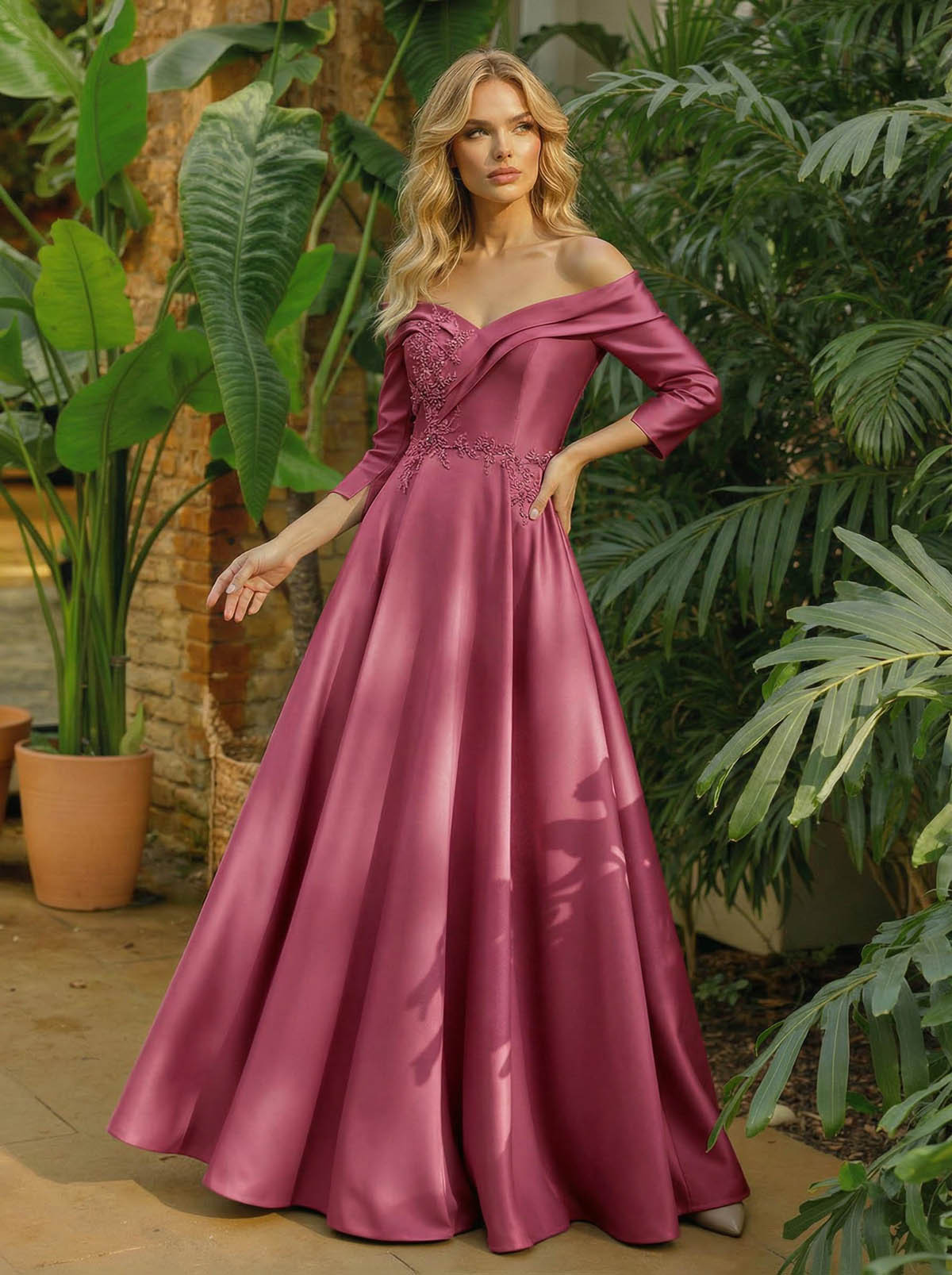 A-Line Off-The-Shoulder 3/4 Sleeves Floor-Length Satin Mother Of The Bride Dresses