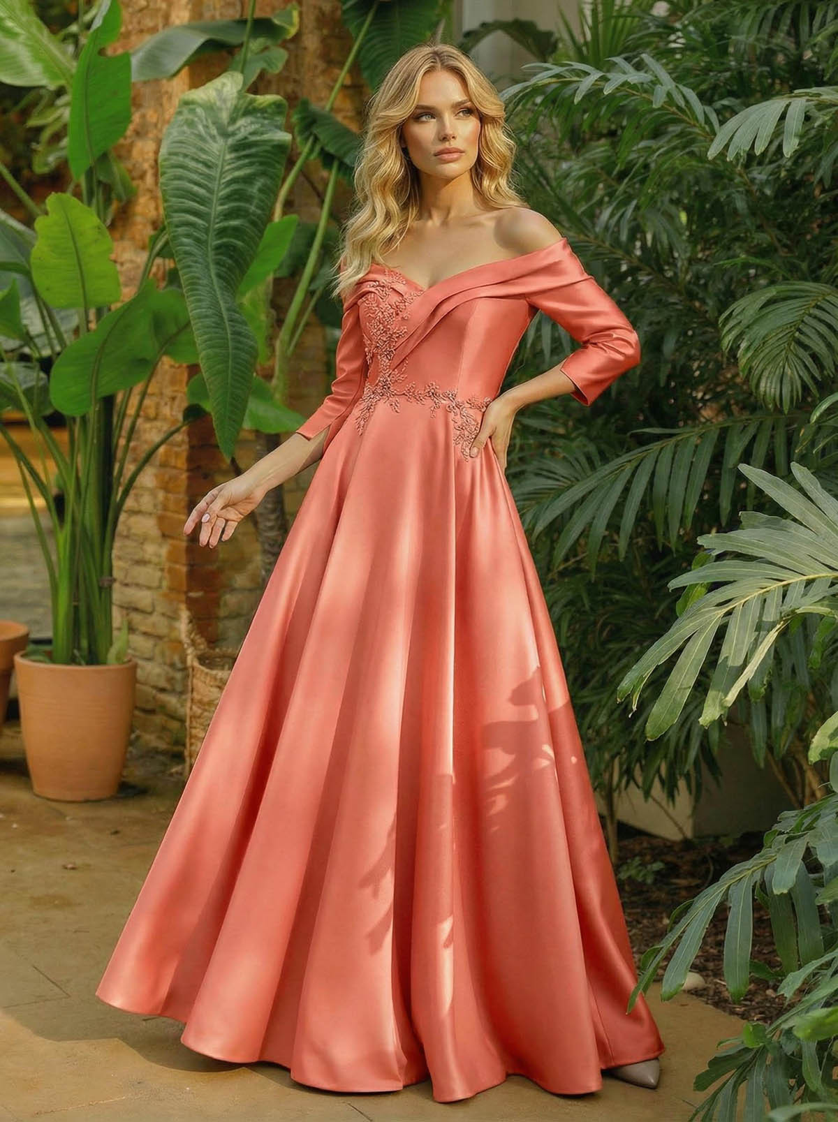 A-Line Off-The-Shoulder 3/4 Sleeves Floor-Length Satin Mother Of The Bride Dresses