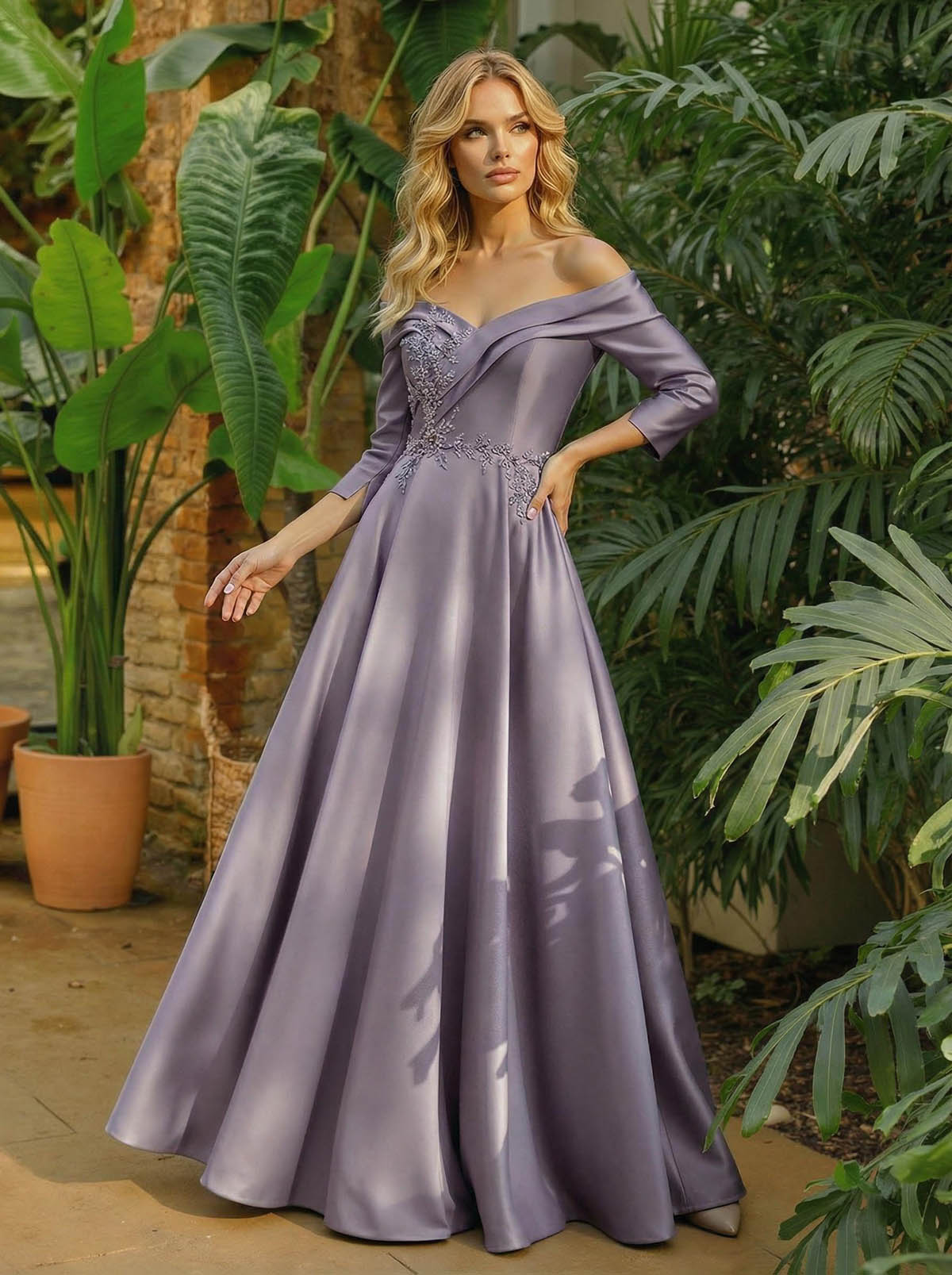 A-Line Off-The-Shoulder 3/4 Sleeves Floor-Length Satin Mother Of The Bride Dresses