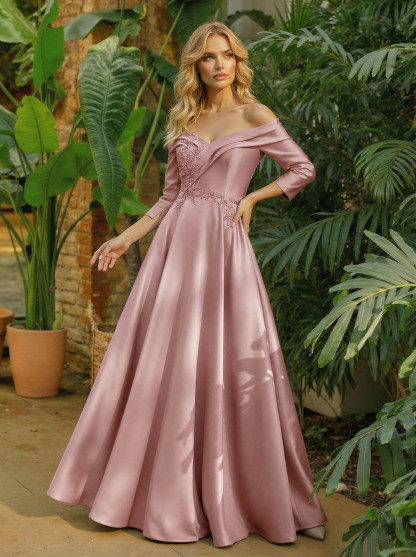 A-Line Off-The-Shoulder 3/4 Sleeves Floor-Length Satin Mother Of The Bride Dresses