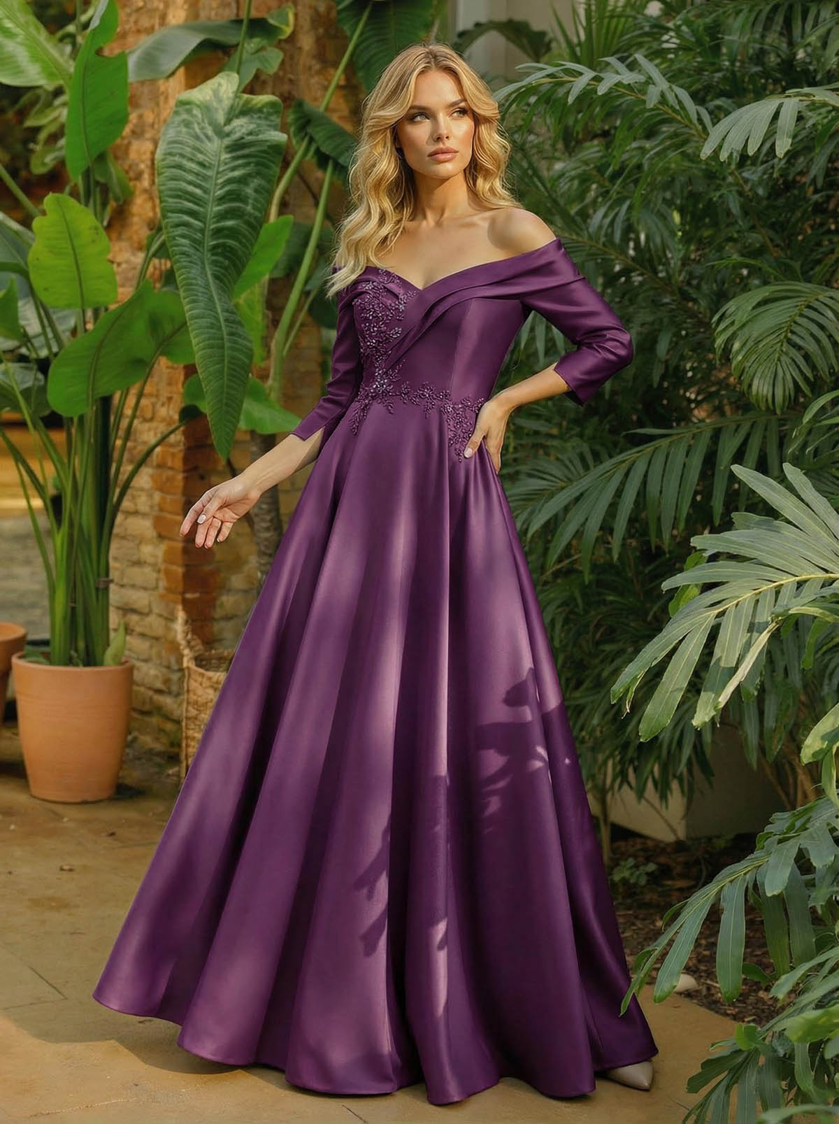 A-Line Off-The-Shoulder 3/4 Sleeves Floor-Length Satin Mother Of The Bride Dresses