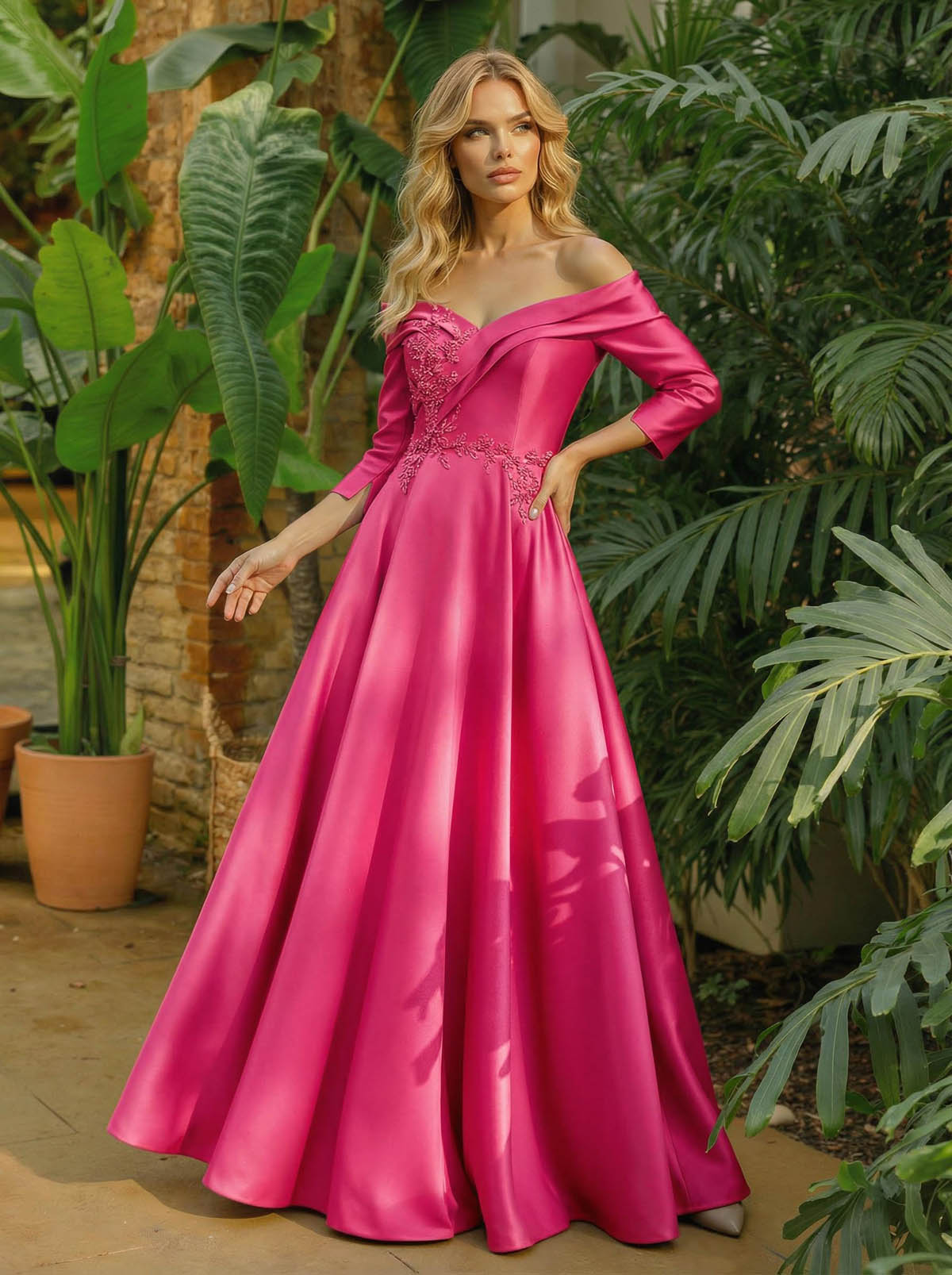 A-Line Off-The-Shoulder 3/4 Sleeves Floor-Length Satin Mother Of The Bride Dresses