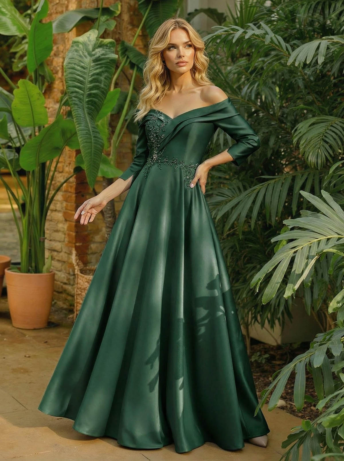 A-Line Off-The-Shoulder 3/4 Sleeves Floor-Length Satin Mother Of The Bride Dresses
