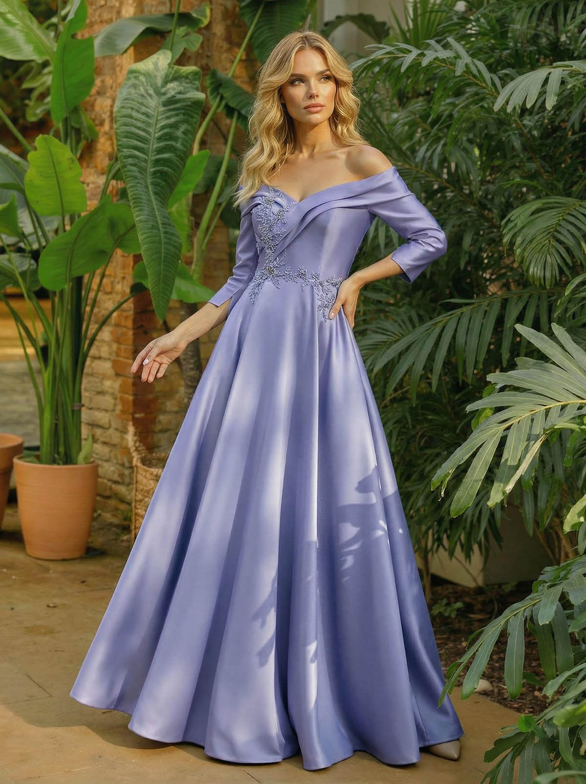 A-Line Off-The-Shoulder 3/4 Sleeves Floor-Length Satin Mother Of The Bride Dresses