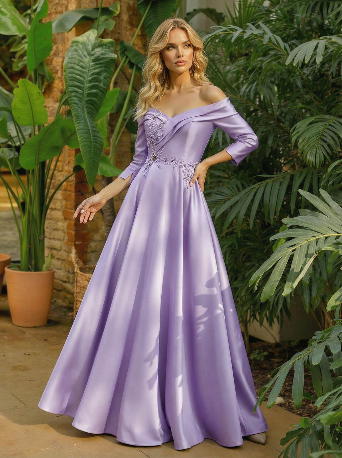 A-Line Off-The-Shoulder 3/4 Sleeves Floor-Length Satin Mother Of The Bride Dresses