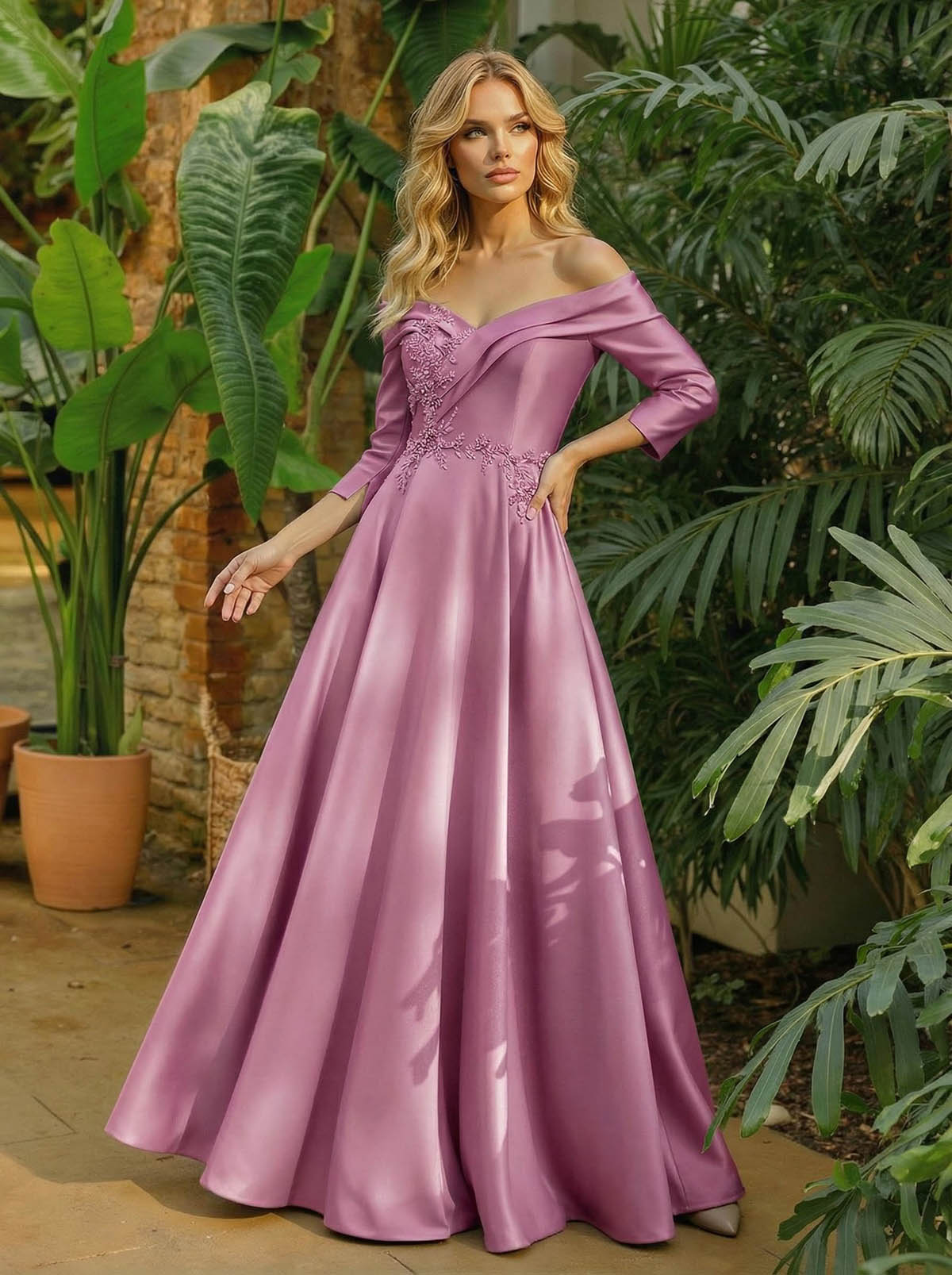 A-Line Off-The-Shoulder 3/4 Sleeves Floor-Length Satin Mother Of The Bride Dresses