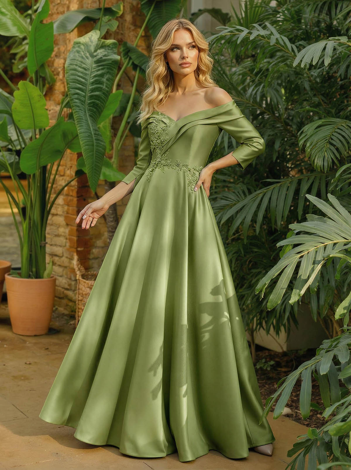 A-Line Off-The-Shoulder 3/4 Sleeves Floor-Length Satin Mother Of The Bride Dresses