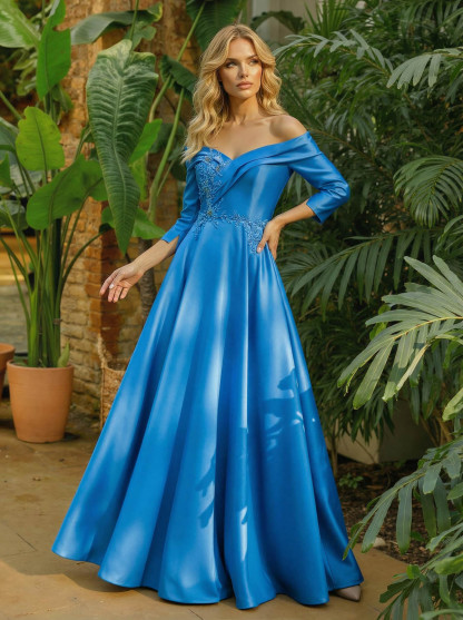 A-Line Off-The-Shoulder 3/4 Sleeves Floor-Length Satin Mother Of The Bride Dresses