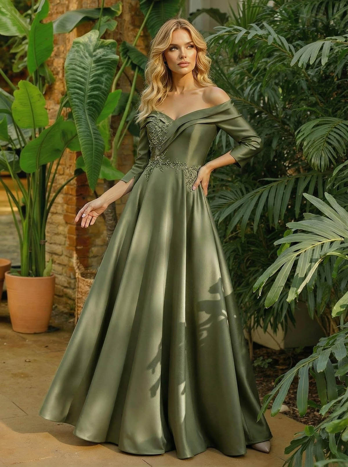 A-Line Off-The-Shoulder 3/4 Sleeves Floor-Length Satin Mother Of The Bride Dresses