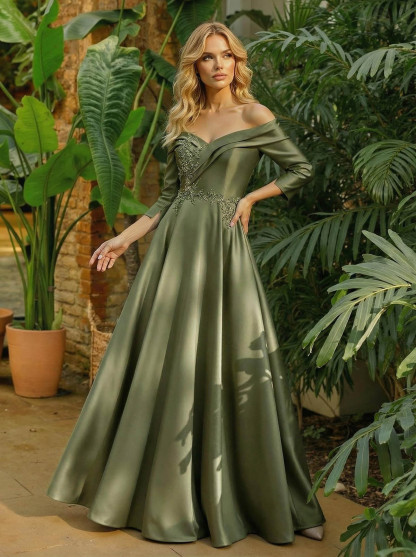 A-Line Off-The-Shoulder 3/4 Sleeves Floor-Length Satin Mother Of The Bride Dresses