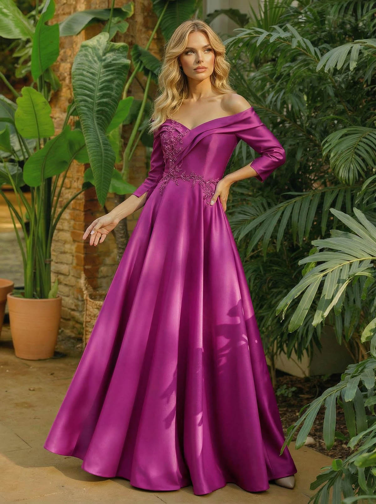 A-Line Off-The-Shoulder 3/4 Sleeves Floor-Length Satin Mother Of The Bride Dresses