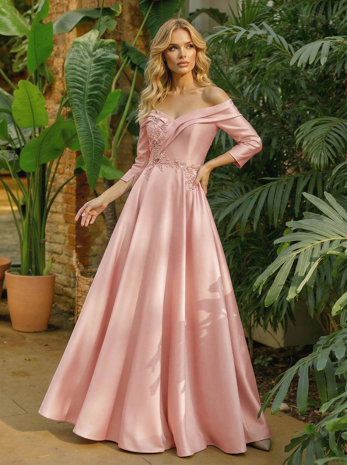 A-Line Off-The-Shoulder 3/4 Sleeves Floor-Length Satin Mother Of The Bride Dresses