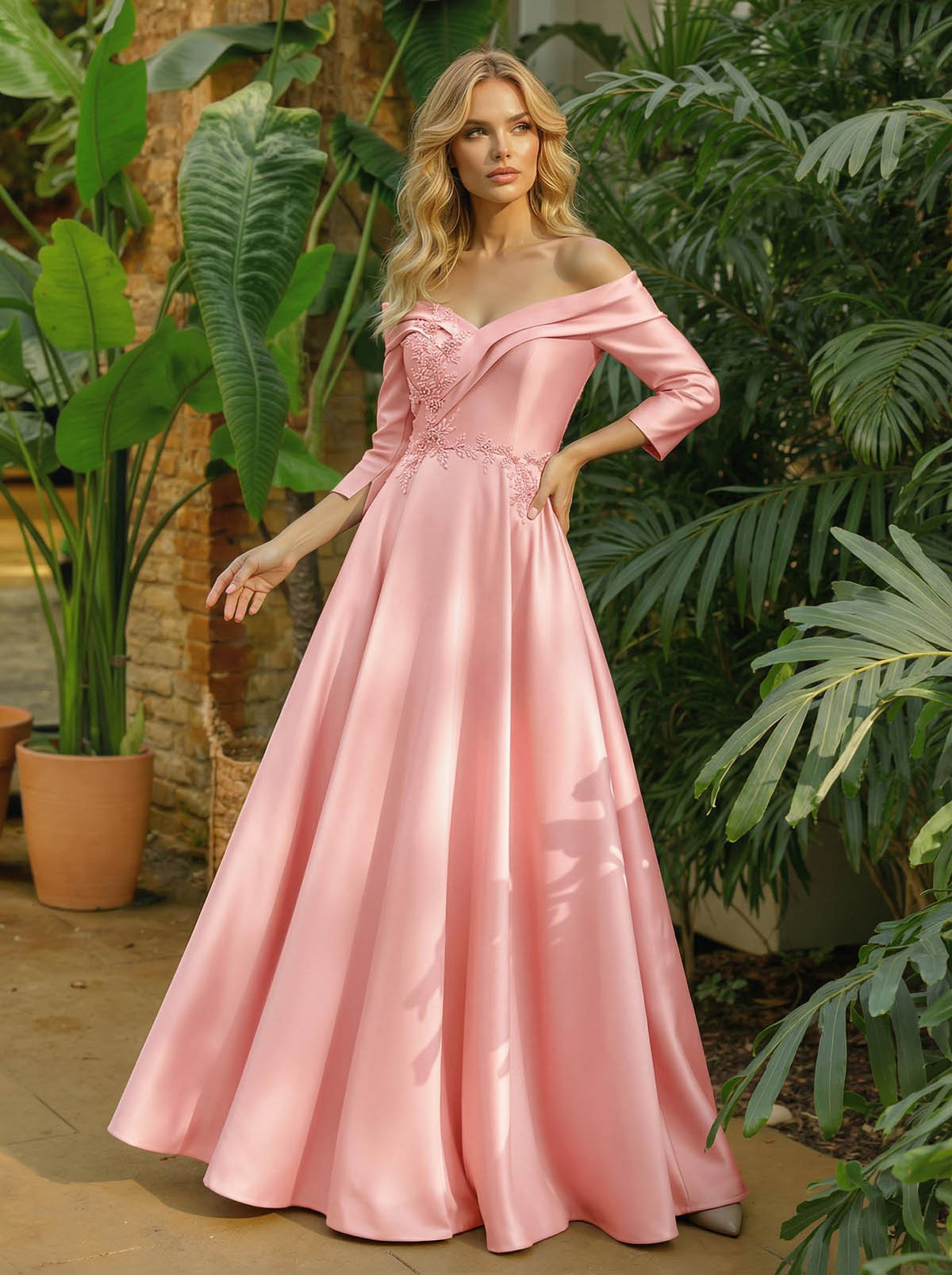 A-Line Off-The-Shoulder 3/4 Sleeves Floor-Length Satin Mother Of The Bride Dresses