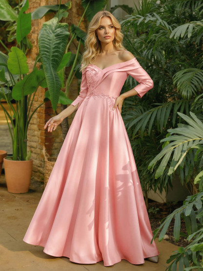 A-Line Off-The-Shoulder 3/4 Sleeves Floor-Length Satin Mother Of The Bride Dresses
