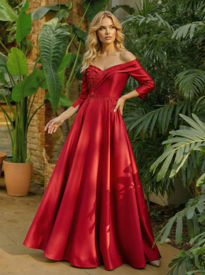 A-Line Off-The-Shoulder 3/4 Sleeves Floor-Length Satin Mother Of The Bride Dresses