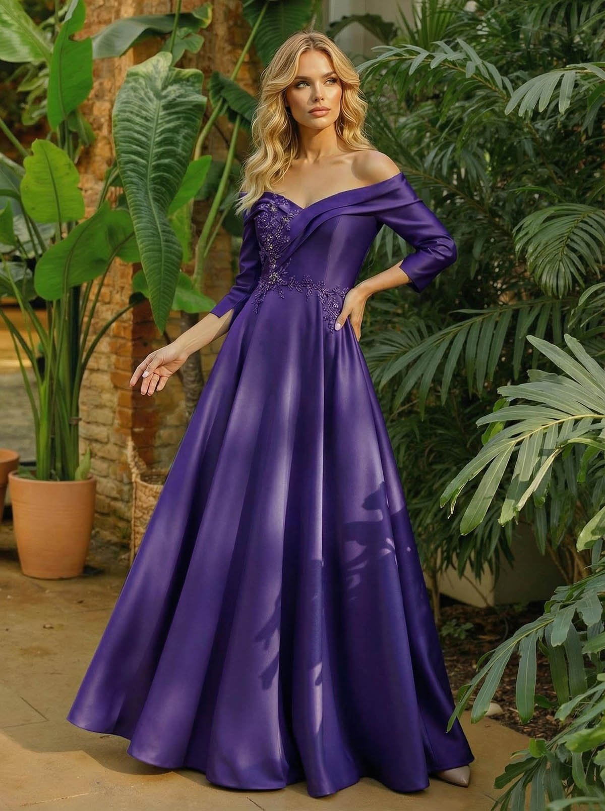 A-Line Off-The-Shoulder 3/4 Sleeves Floor-Length Satin Mother Of The Bride Dresses