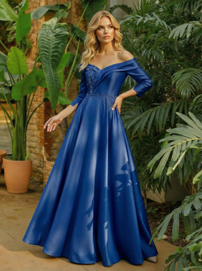 A-Line Off-The-Shoulder 3/4 Sleeves Floor-Length Satin Mother Of The Bride Dresses