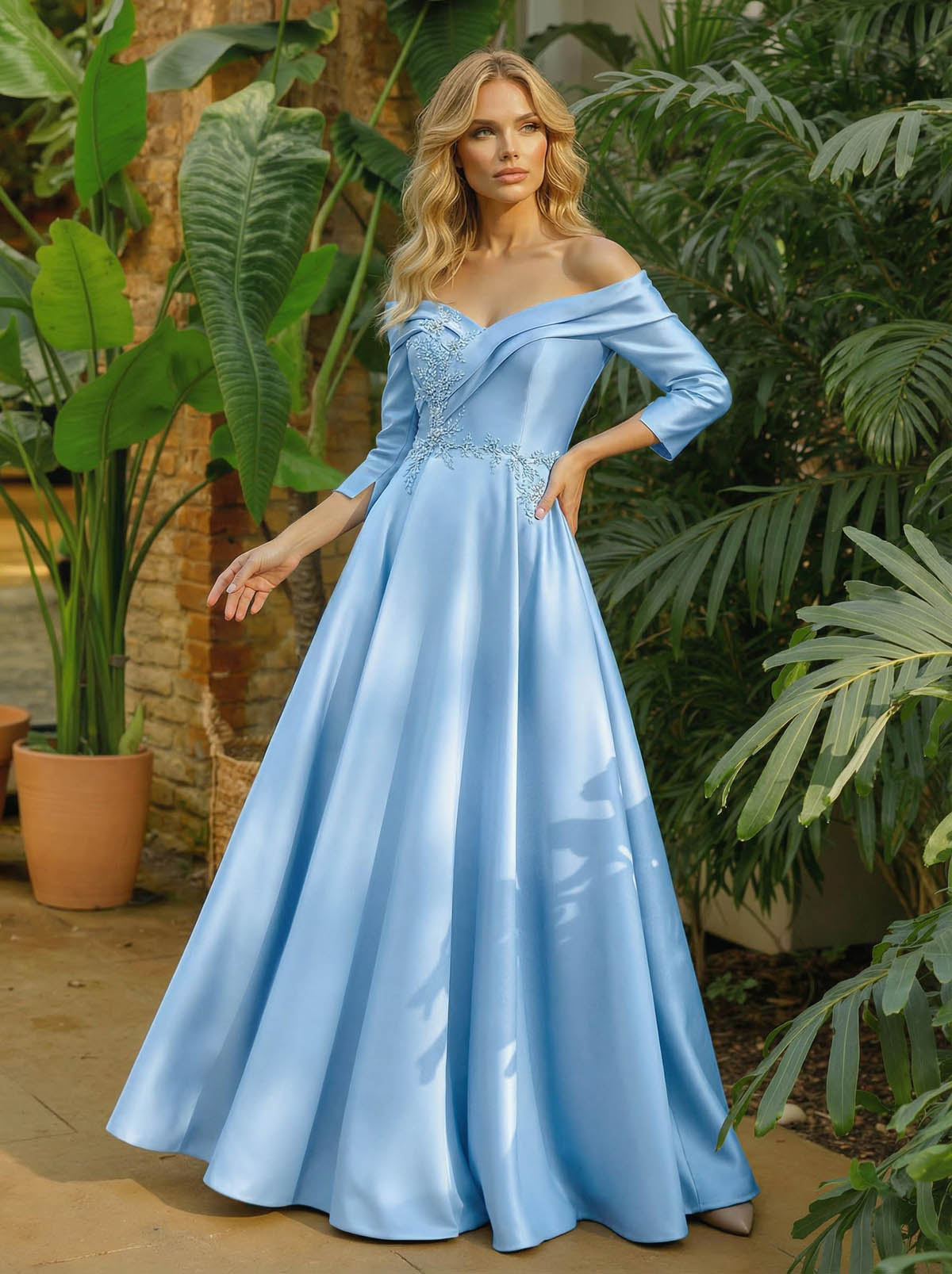 A-Line Off-The-Shoulder 3/4 Sleeves Floor-Length Satin Mother Of The Bride Dresses