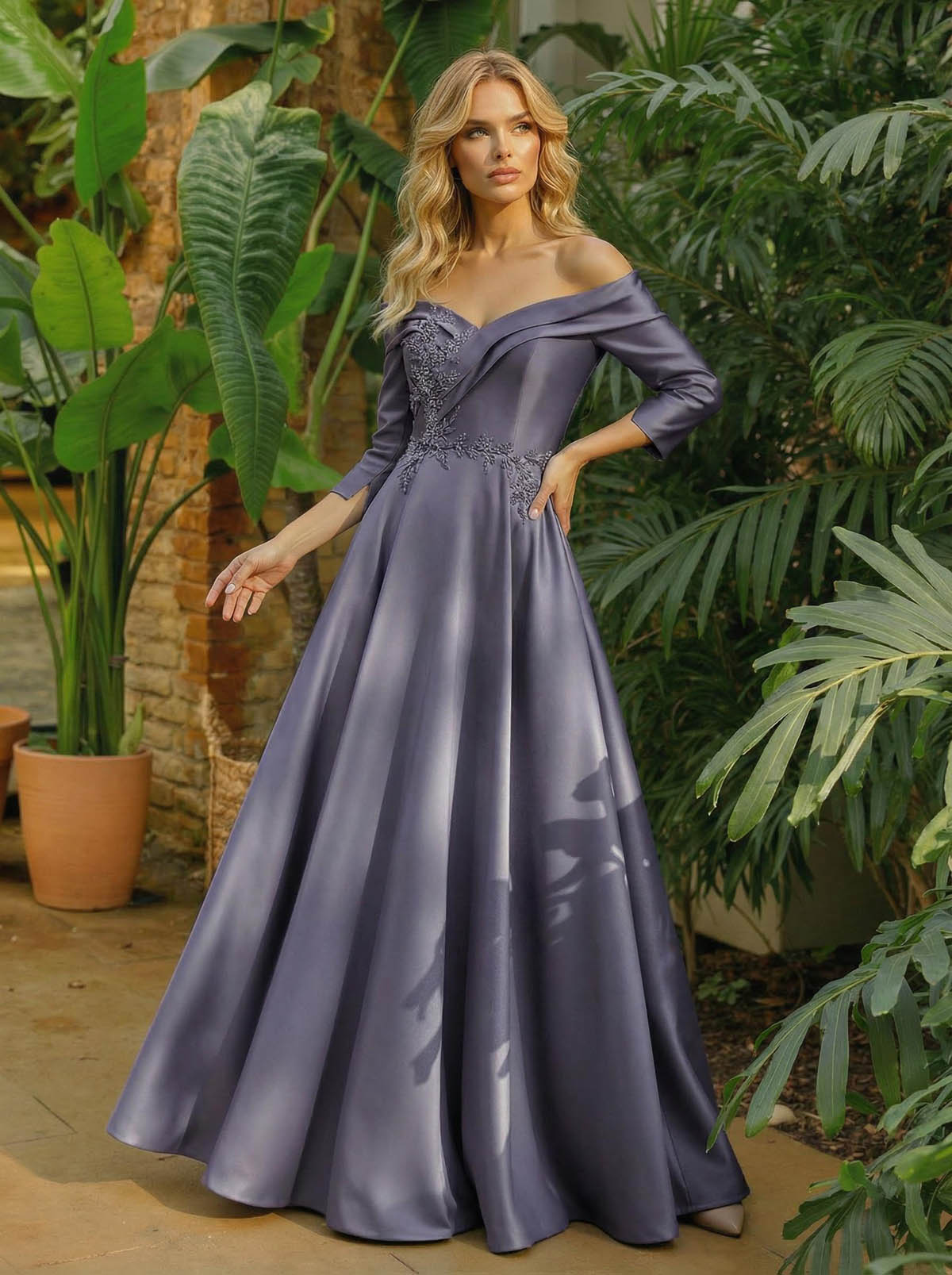 A-Line Off-The-Shoulder 3/4 Sleeves Floor-Length Satin Mother Of The Bride Dresses