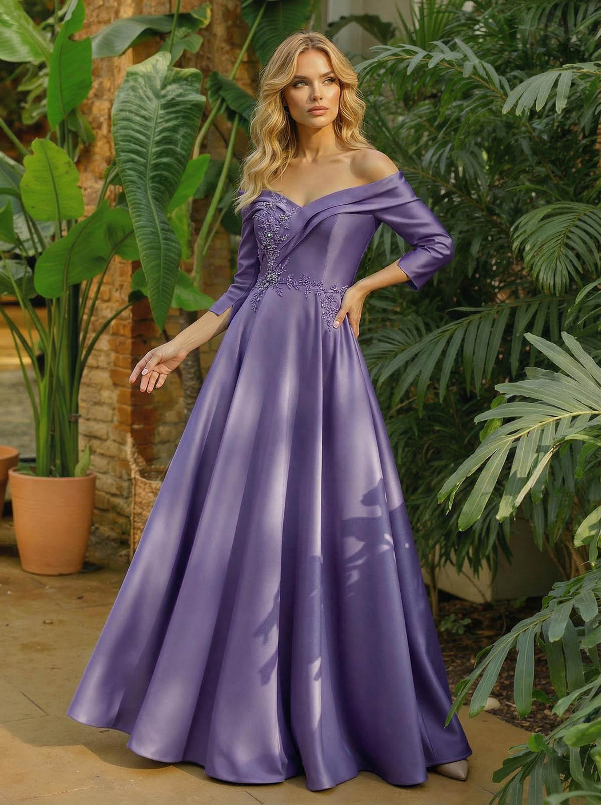 A-Line Off-The-Shoulder 3/4 Sleeves Floor-Length Satin Mother Of The Bride Dresses
