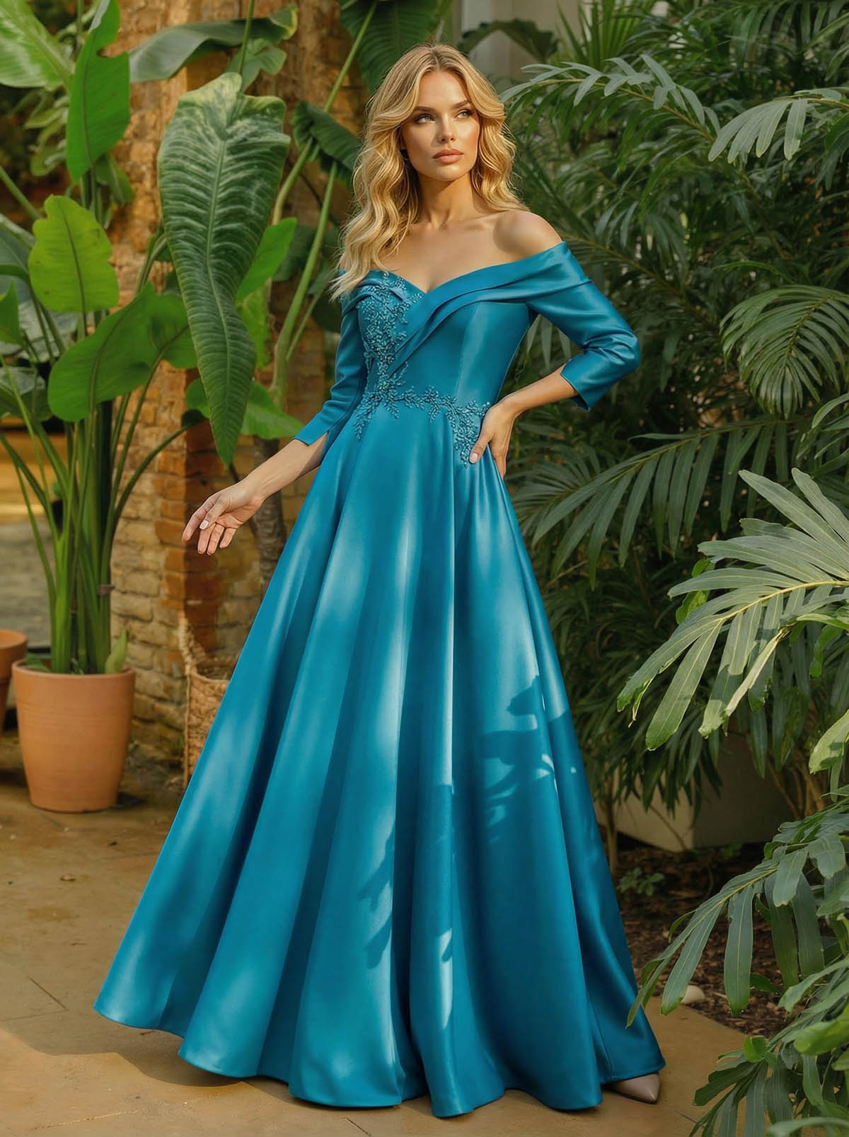 A-Line Off-The-Shoulder 3/4 Sleeves Floor-Length Satin Mother Of The Bride Dresses