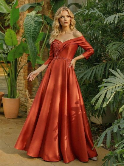 A-Line Off-The-Shoulder 3/4 Sleeves Floor-Length Satin Mother Of The Bride Dresses