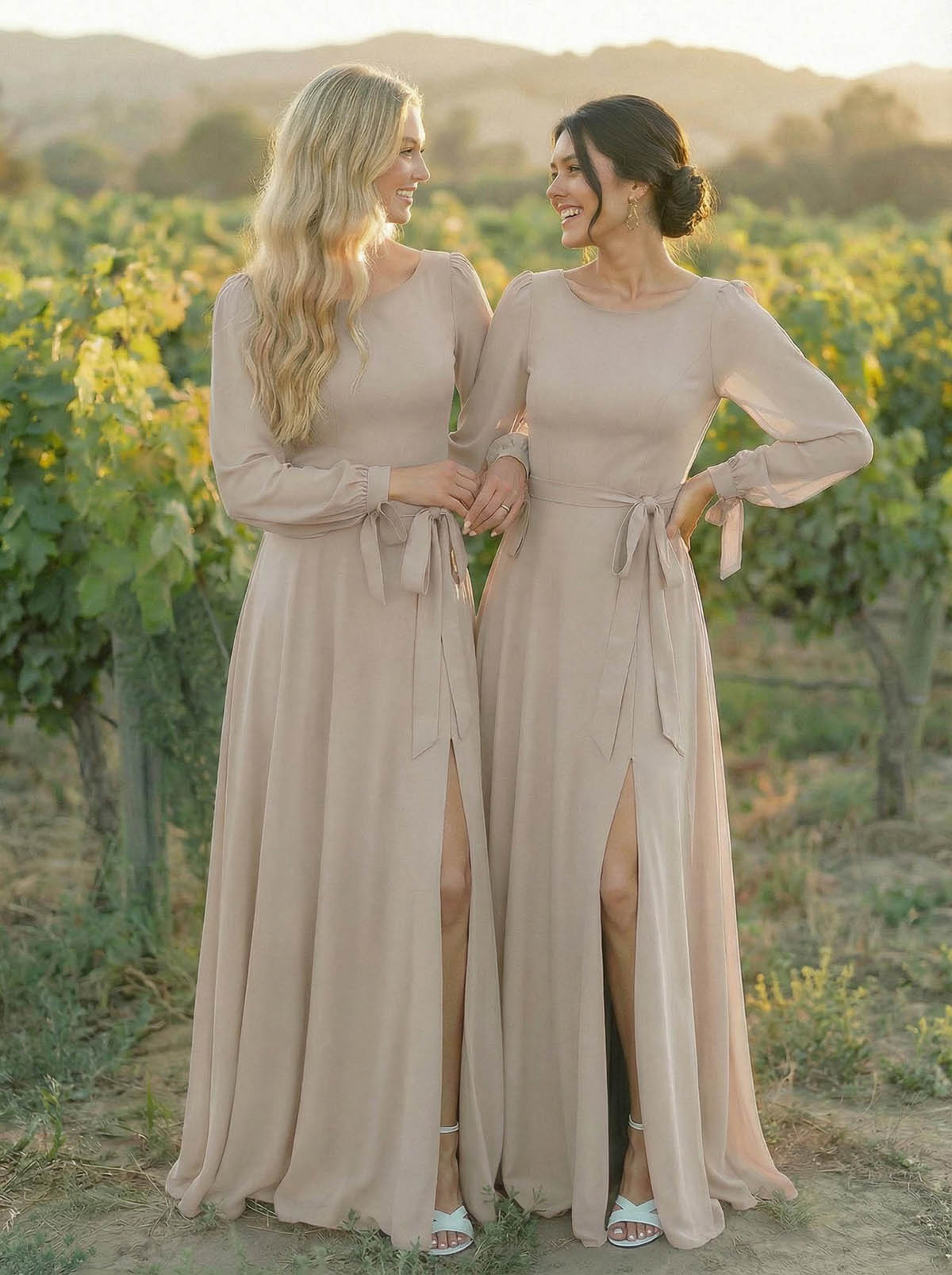 A-Line Scoop Neck Long Sleeves Floor-Length Chiffon Bridesmaid Dresses With Split Front Sash Bubble Hem, product image 43