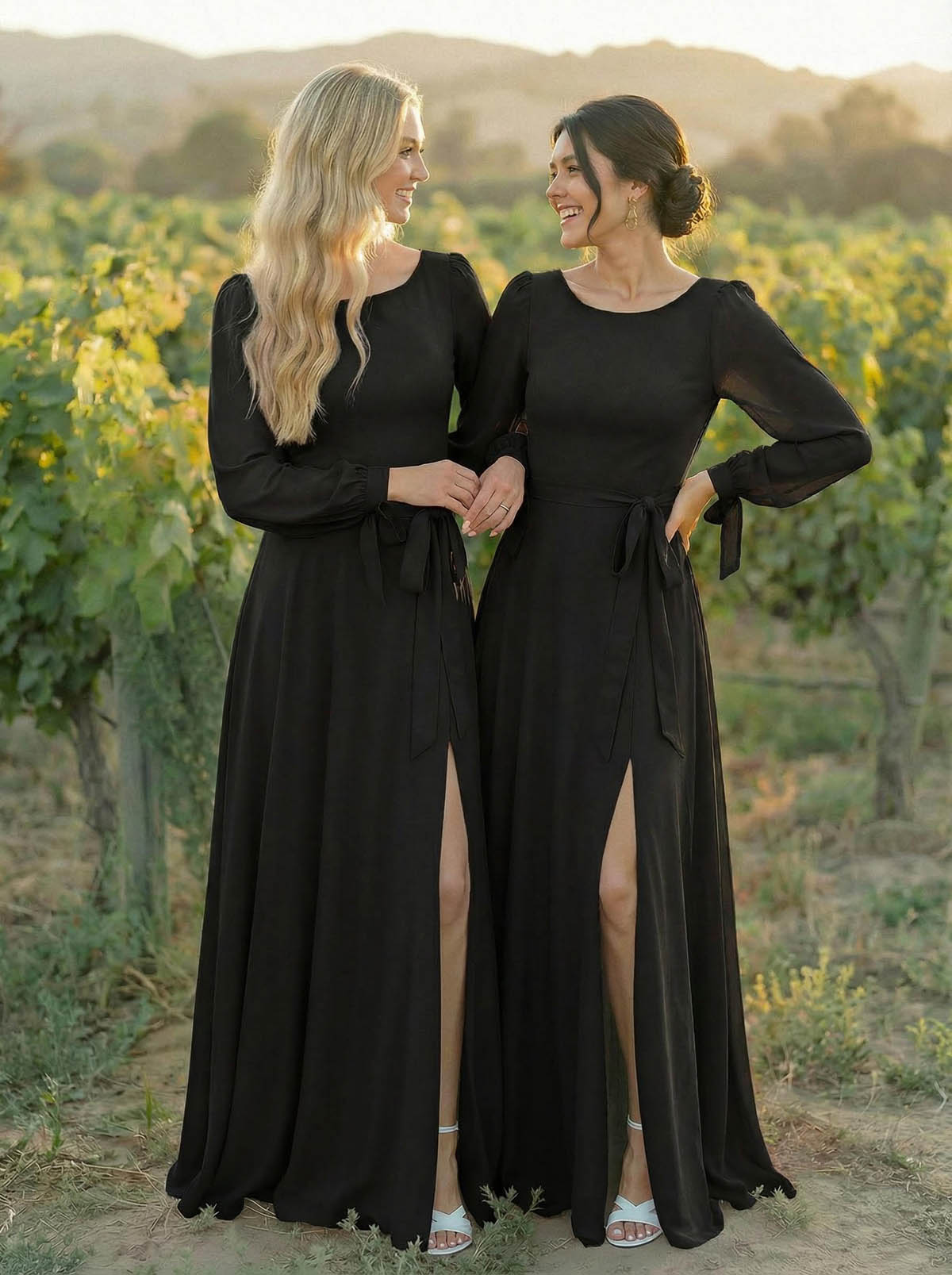 A-Line Scoop Neck Long Sleeves Floor-Length Chiffon Bridesmaid Dresses With Split Front Sash Bubble Hem, product image 41