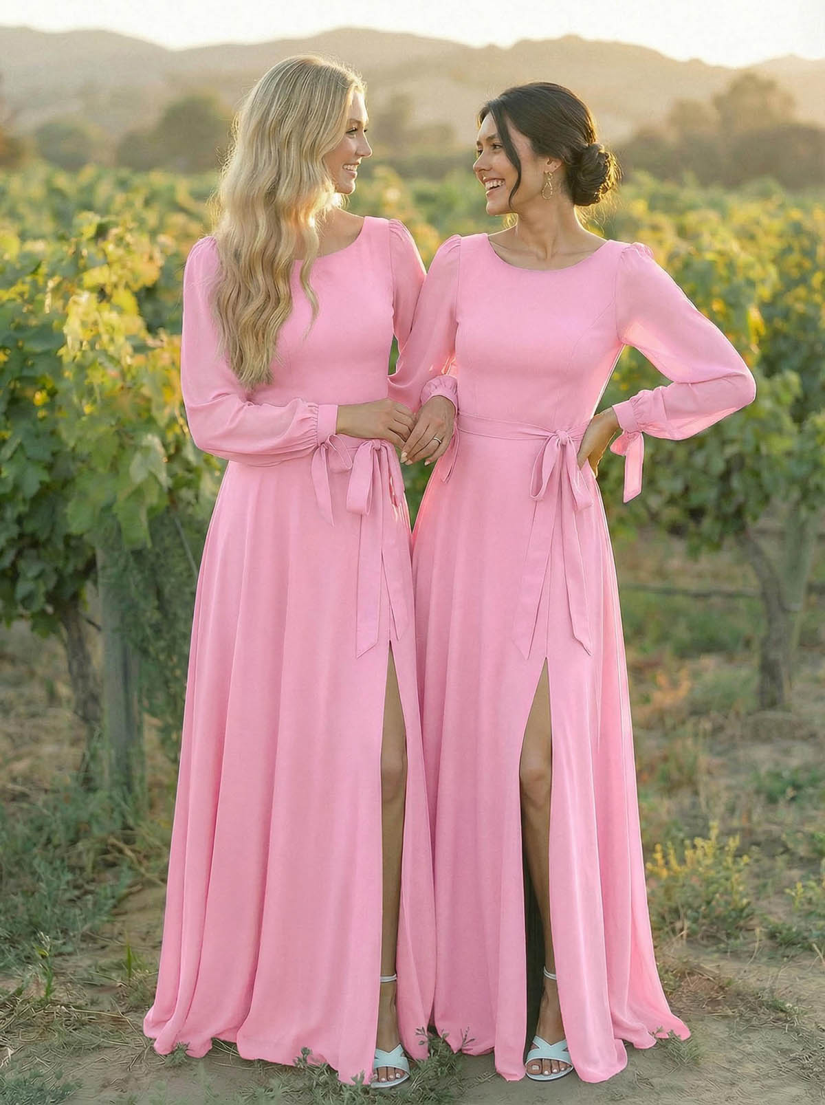 A-Line Scoop Neck Long Sleeves Floor-Length Chiffon Bridesmaid Dresses With Split Front Sash Bubble Hem, product image 19