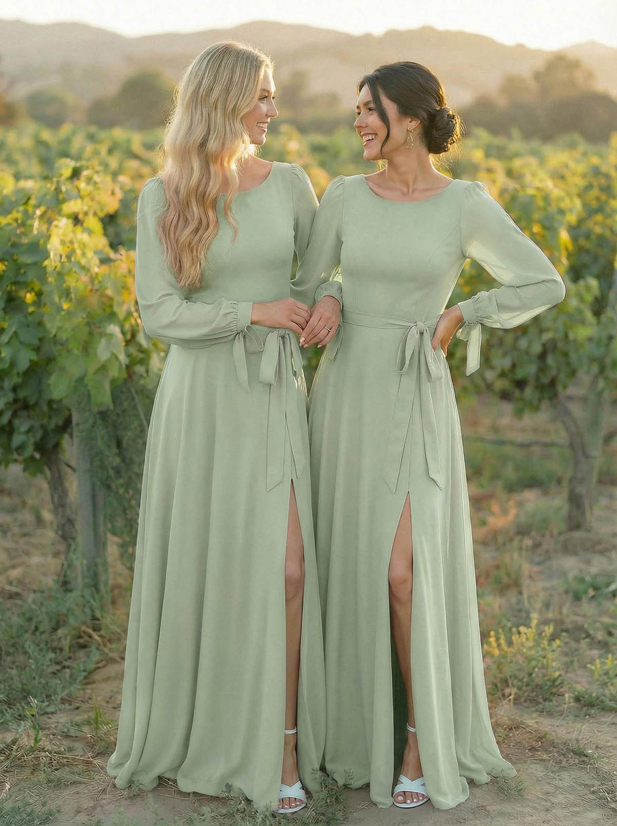 A-Line Scoop Neck Long Sleeves Floor-Length Chiffon Bridesmaid Dresses With Split Front Sash Bubble Hem, product image 32