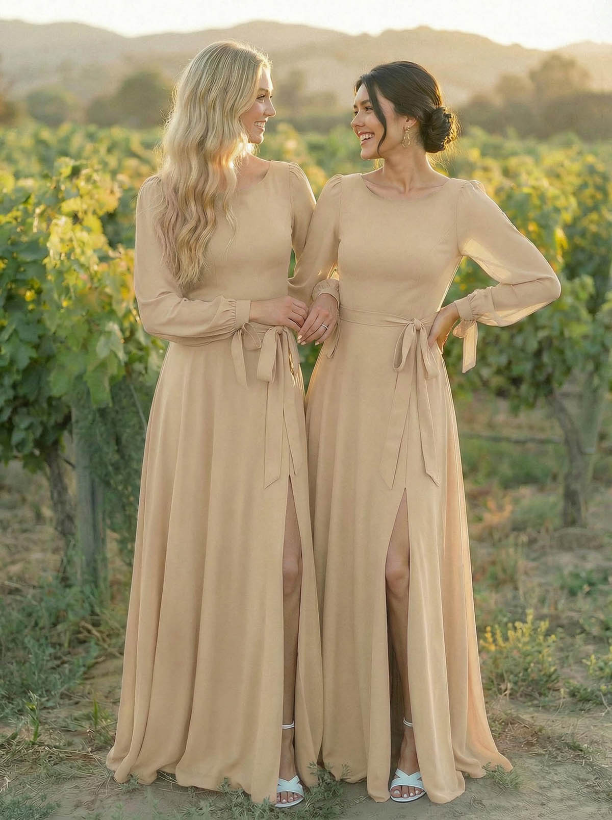 A-Line Scoop Neck Long Sleeves Floor-Length Chiffon Bridesmaid Dresses With Split Front Sash Bubble Hem, product image 33