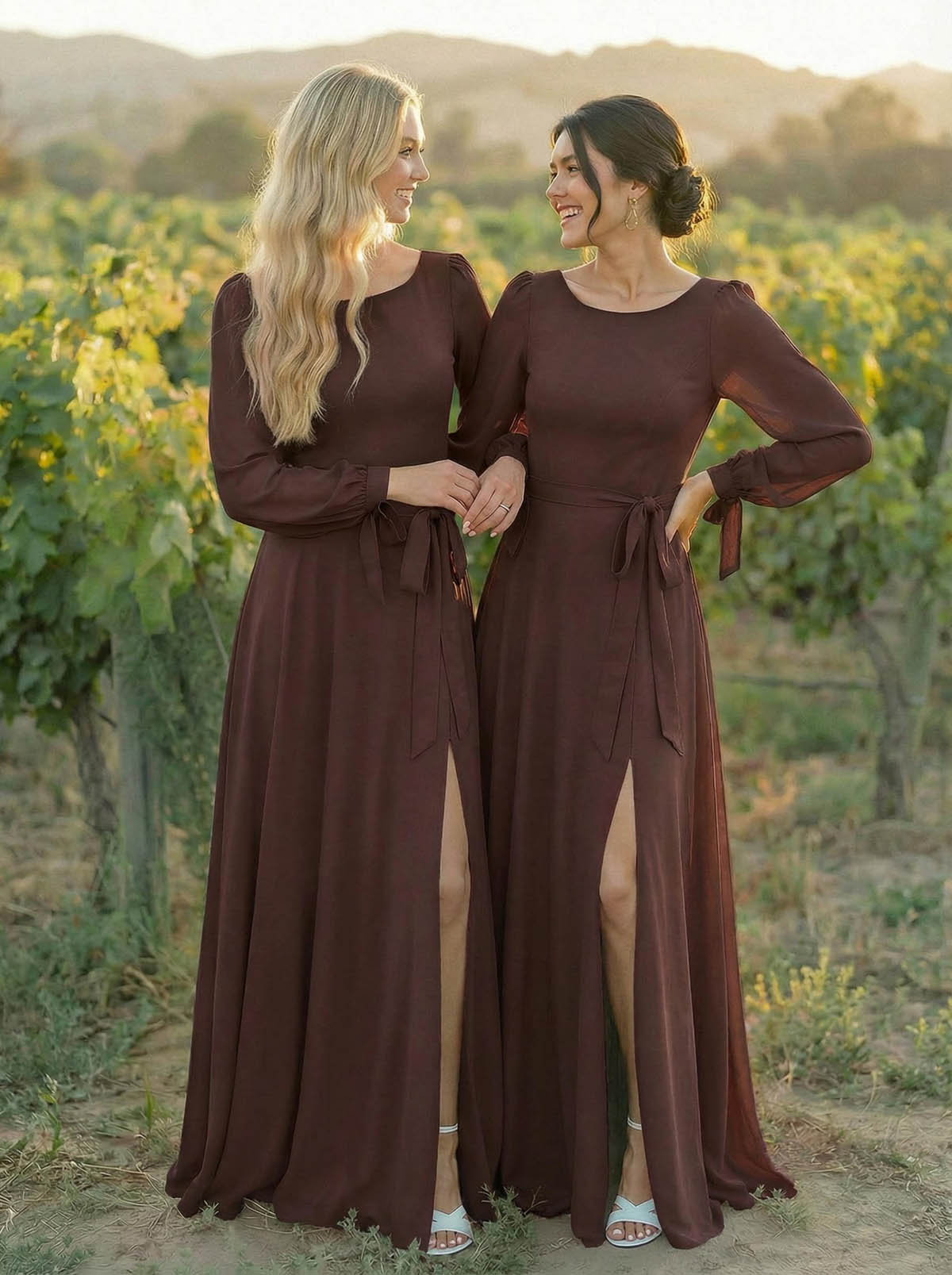 A-Line Scoop Neck Long Sleeves Floor-Length Chiffon Bridesmaid Dresses With Split Front Sash Bubble Hem, product image 37