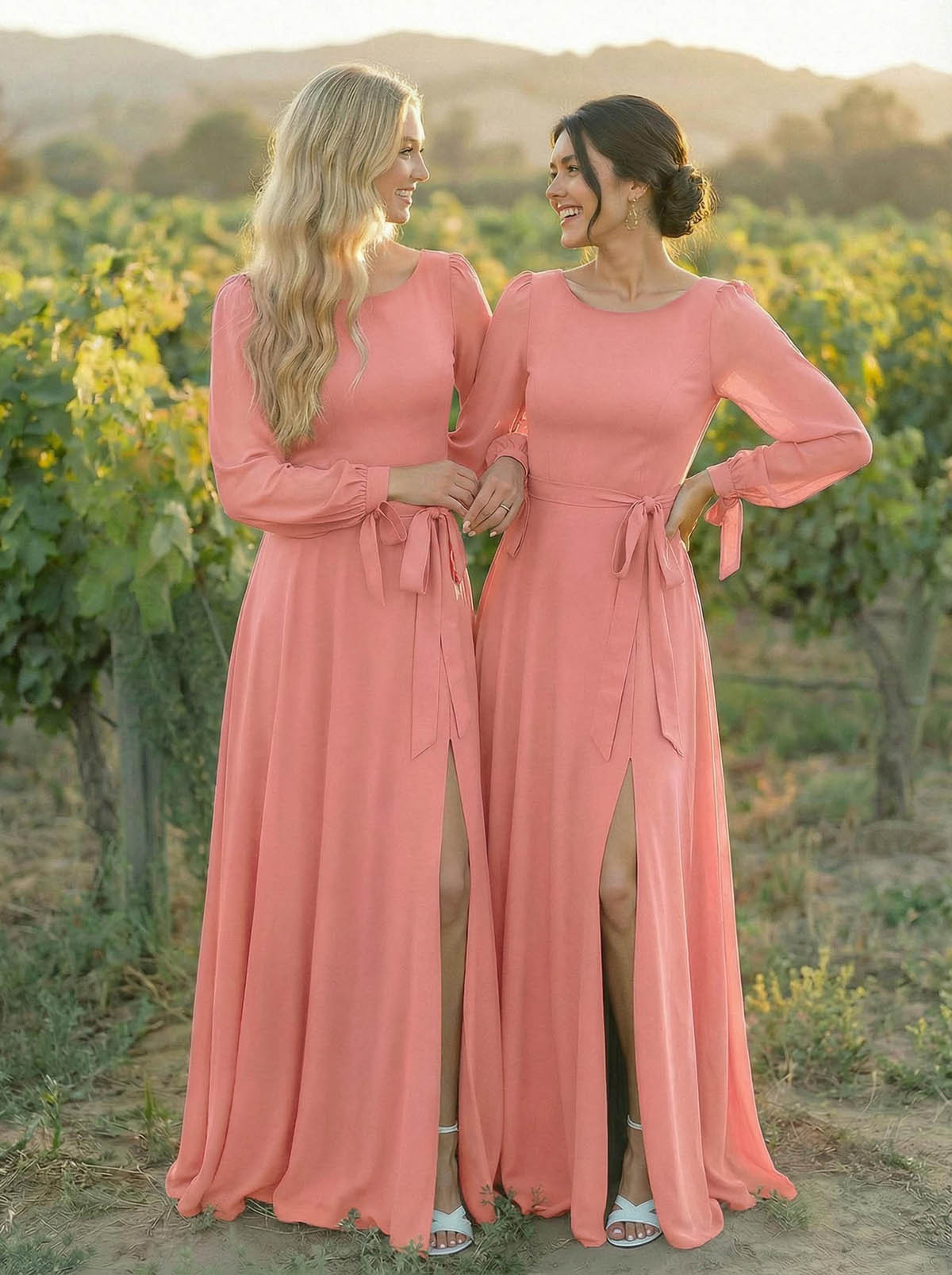 A-Line Scoop Neck Long Sleeves Floor-Length Chiffon Bridesmaid Dresses With Split Front Sash Bubble Hem, product image 18