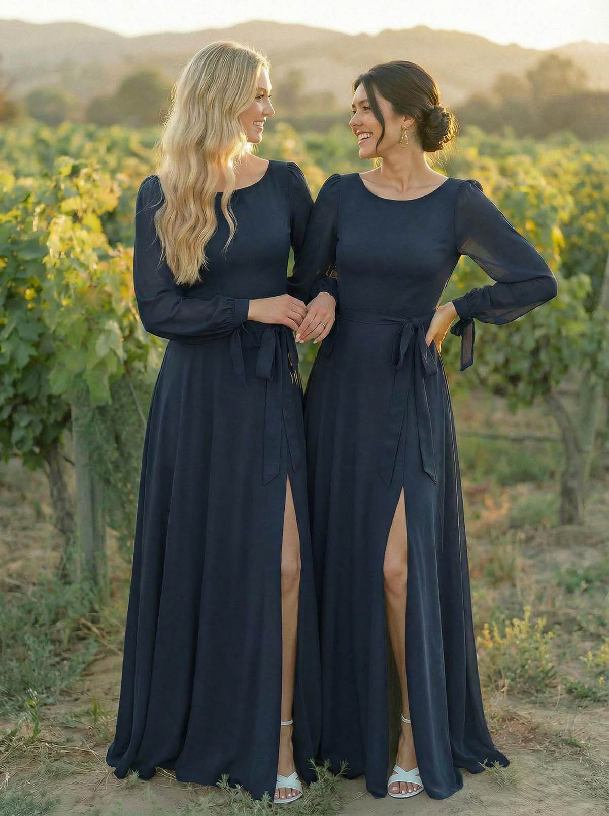 A-Line Scoop Neck Long Sleeves Floor-Length Chiffon Bridesmaid Dresses With Split Front Sash Bubble Hem, product image 5
