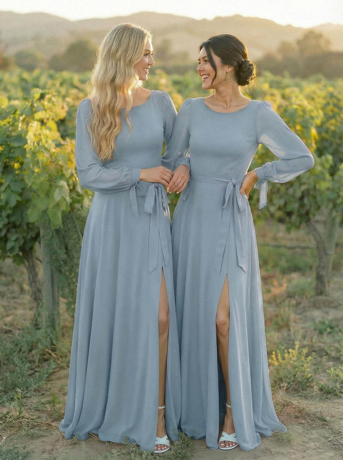 A-Line Scoop Neck Long Sleeves Floor-Length Chiffon Bridesmaid Dresses With Split Front Sash Bubble Hem, product image 7
