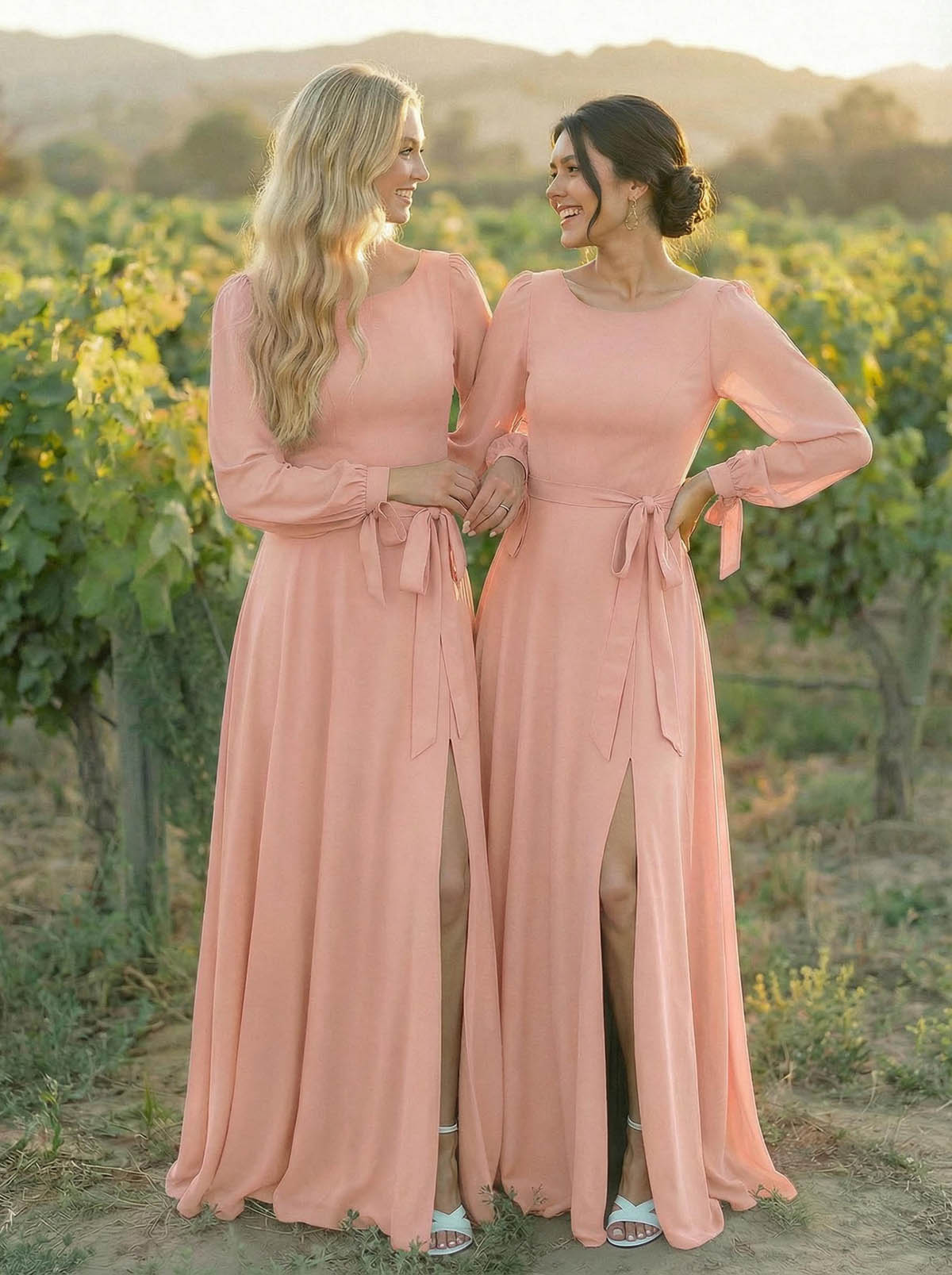 A-Line Scoop Neck Long Sleeves Floor-Length Chiffon Bridesmaid Dresses With Split Front Sash Bubble Hem, product image 16