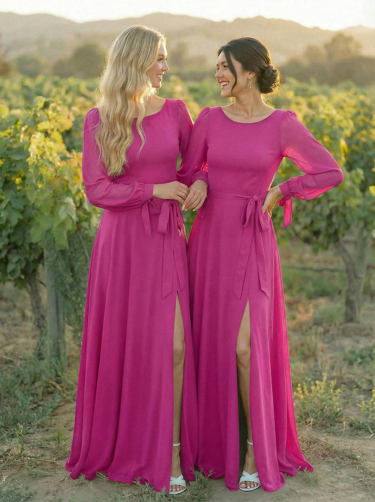 A-Line Scoop Neck Long Sleeves Floor-Length Chiffon Bridesmaid Dresses With Split Front Sash Bubble Hem, product image 27