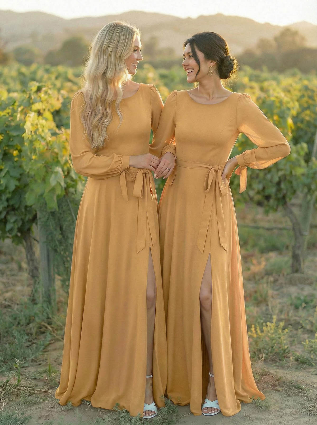 A-Line Scoop Neck Long Sleeves Floor-Length Chiffon Bridesmaid Dresses With Split Front Sash Bubble Hem, product image 35