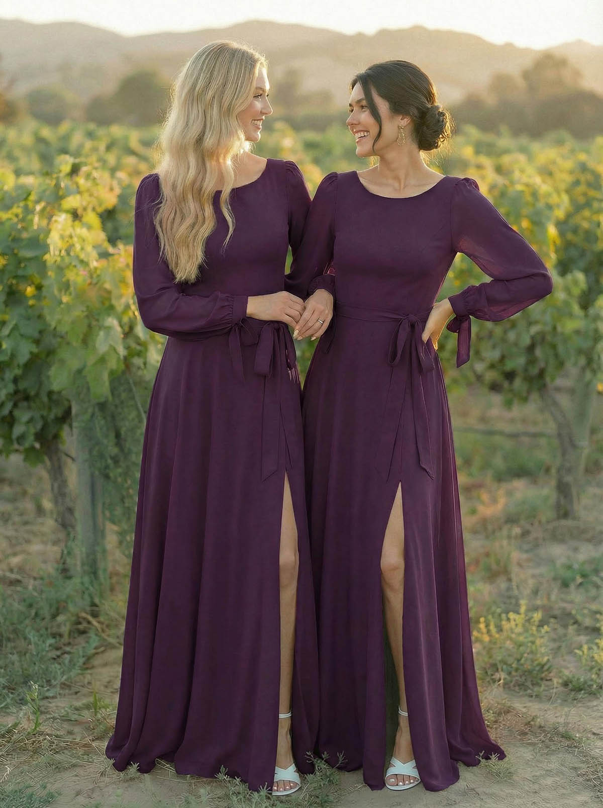 A-Line Scoop Neck Long Sleeves Floor-Length Chiffon Bridesmaid Dresses With Split Front Sash Bubble Hem, product image 24