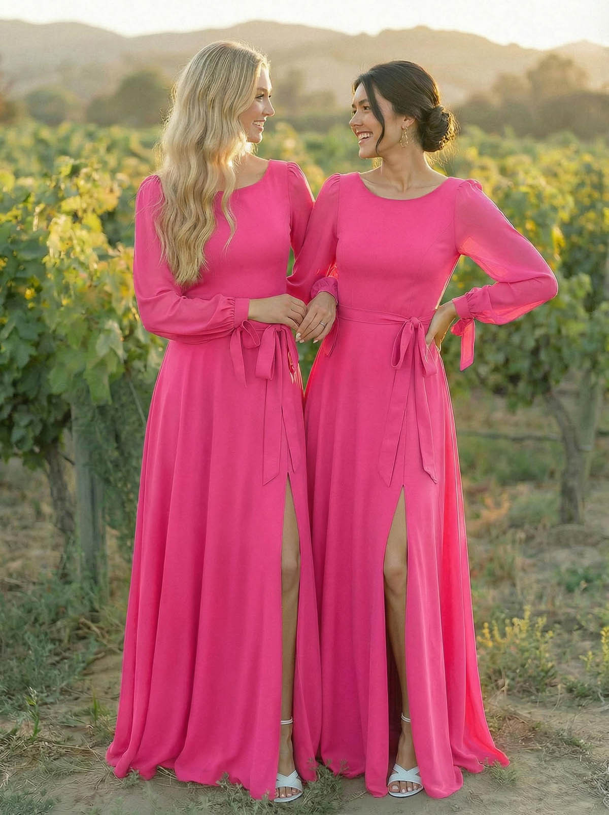 A-Line Scoop Neck Long Sleeves Floor-Length Chiffon Bridesmaid Dresses With Split Front Sash Bubble Hem, product image 26